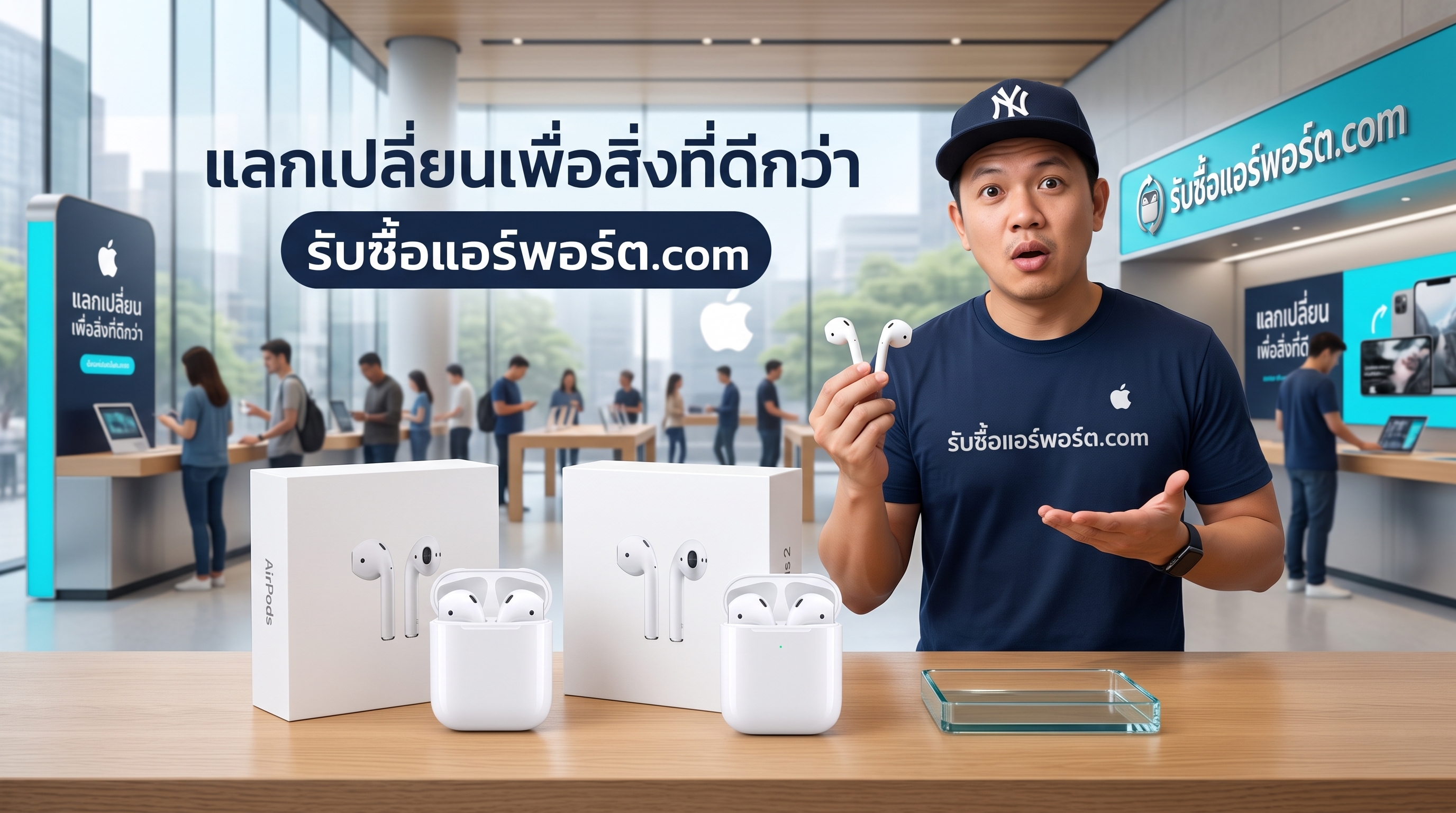 รับซื้อ AirPodsเก่า รุ่นที่ 1 และรุ่นที่ 2 วางคู่กับเคสชาร์จและกล่องอุปกรณ์สำหรับการประเมินราคามือสอง