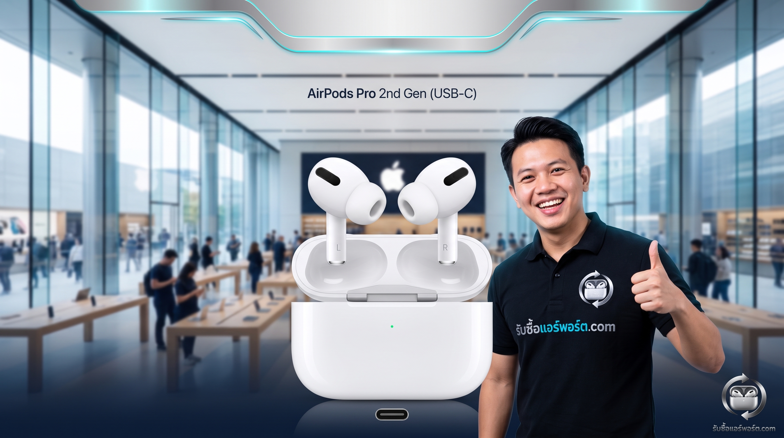 หูฟังไร้สาย Apple AirPods Pro รุ่นที่ 2 พร้อมเคสชาร์จ MagSafe พอร์ต USB-C วางบนพื้นผิวเรียบสีขาว