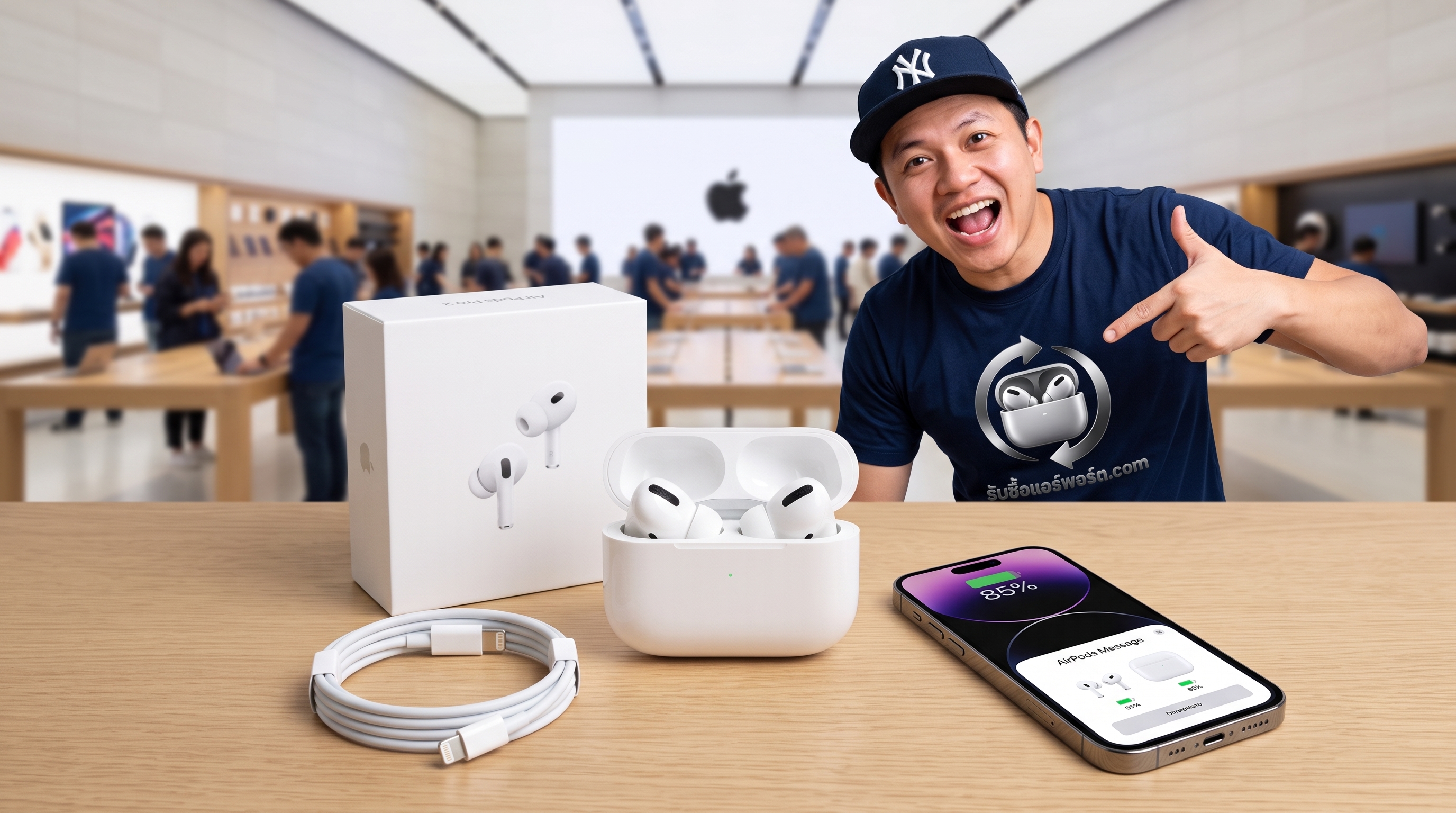 หูฟัง Apple AirPods และเคสชาร์จ พร้อมกล่องและสายชาร์จแท้วางเรียงพร้อมส่งต่อบริการรับซื้อ