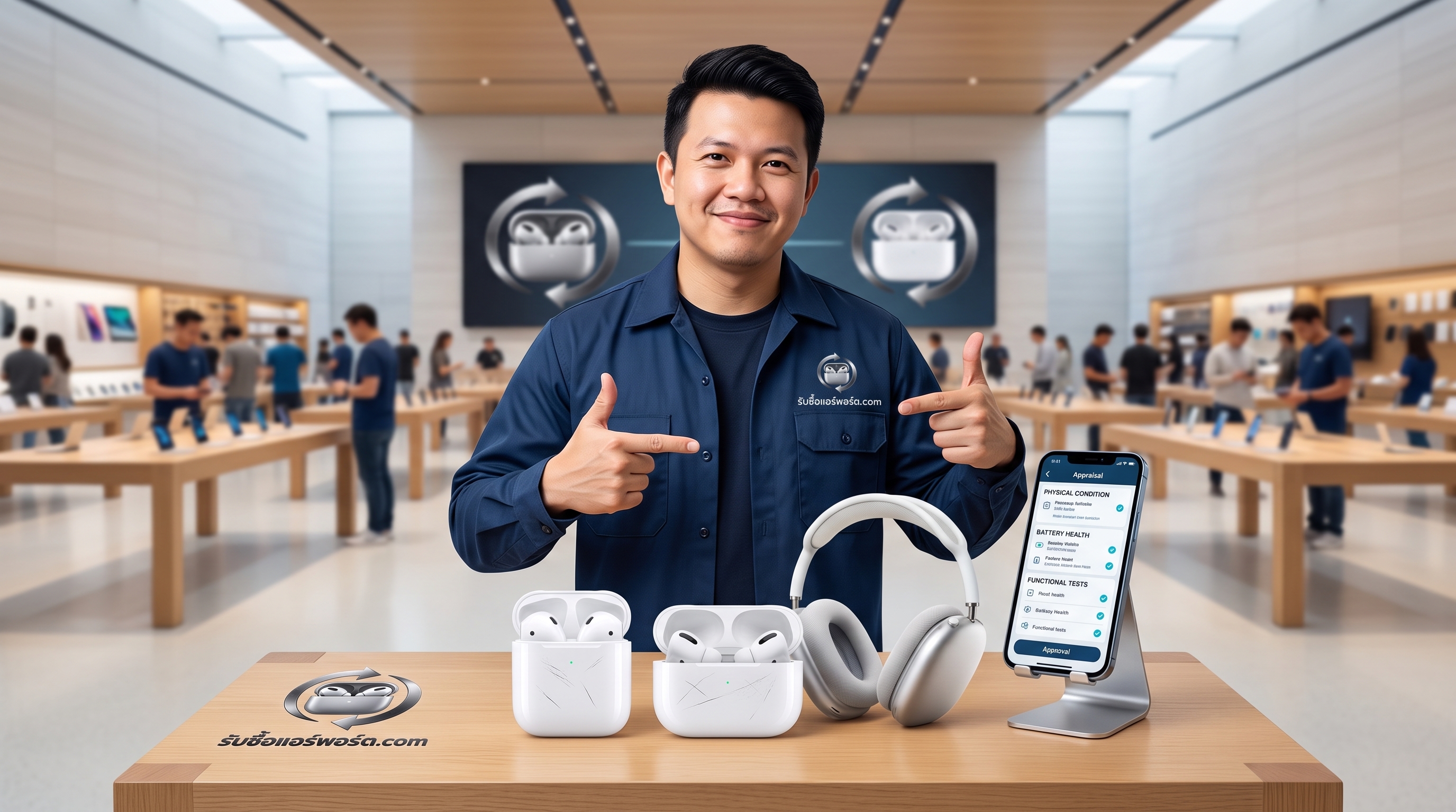 หูฟัง Apple AirPods มือสองสภาพแบตเตอรี่เสื่อมและมีรอยขีดข่วน วางคู่กับเคสชาร์จสำหรับการประเมินราคารับซื้อ