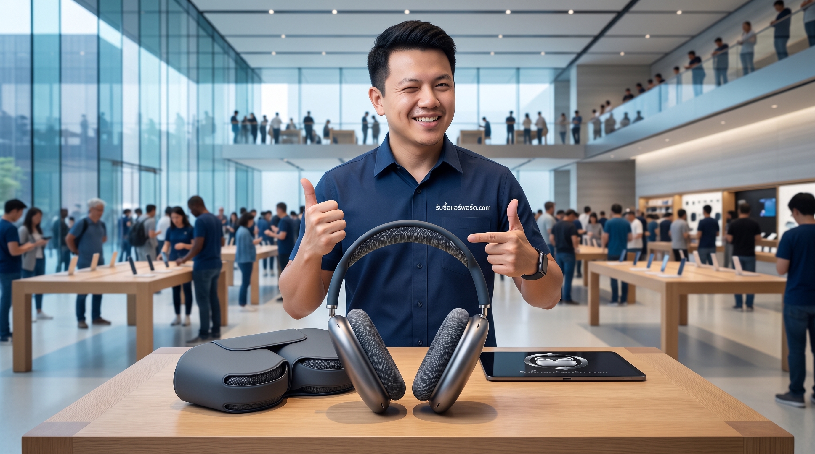 หูฟัง AirPods Max รุ่นที่ 1 พอร์ต Lightning สี Space Gray วางคู่กับเคส Smart Case สำหรับเตรียมตรวจเช็กสภาพรับซื้อมือสอง
