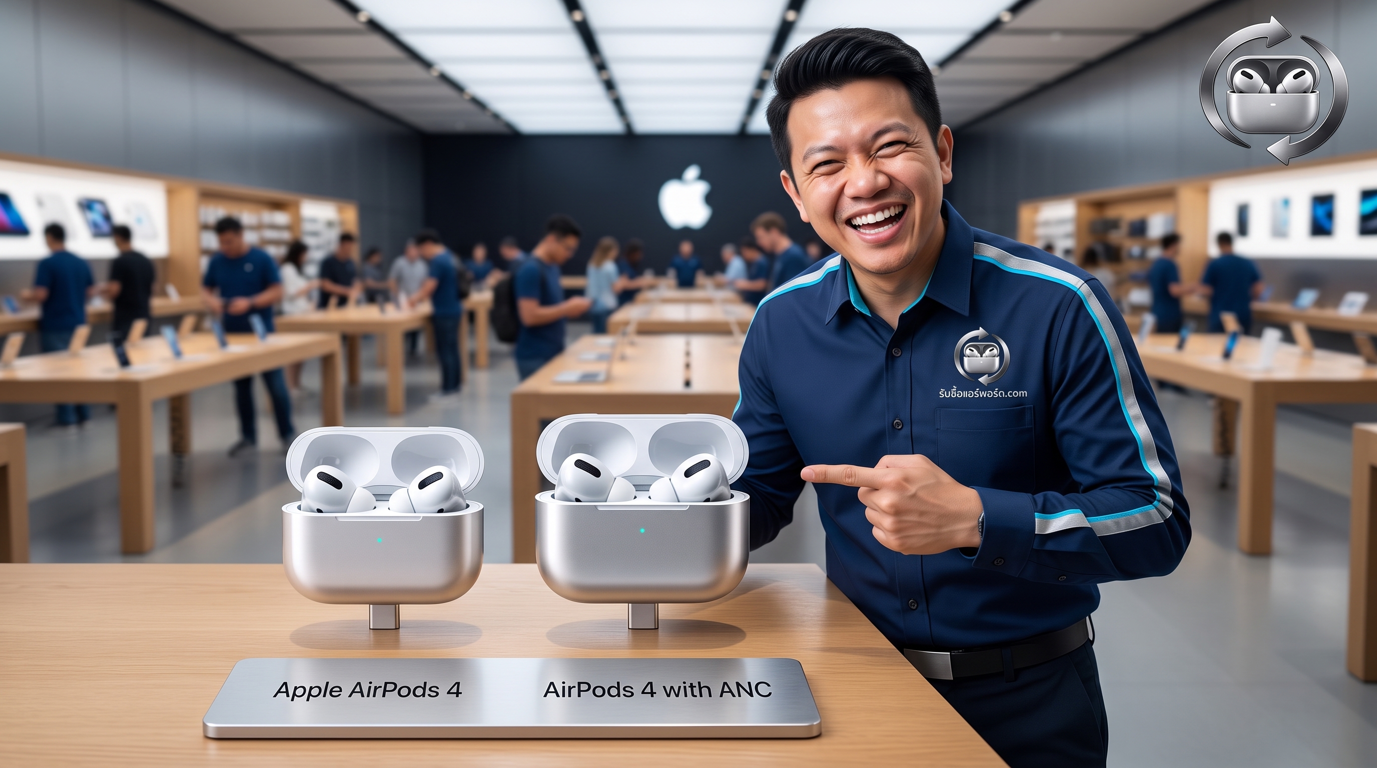 หูฟัง Apple AirPods 4 และเคสชาร์จ USB-C วางคู่กันสำหรับการตรวจสอบสภาพเพื่อรับซื้อ
