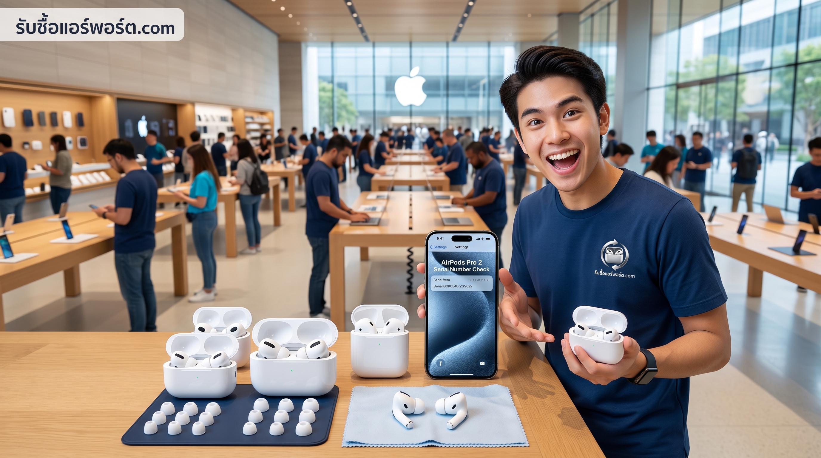 ตรวจเช็กหูฟัง Apple AirPods แท้และเคสชาร์จเพื่อประเมินราคาในบริการรับซื้อแอร์พอร์ตมือสอง