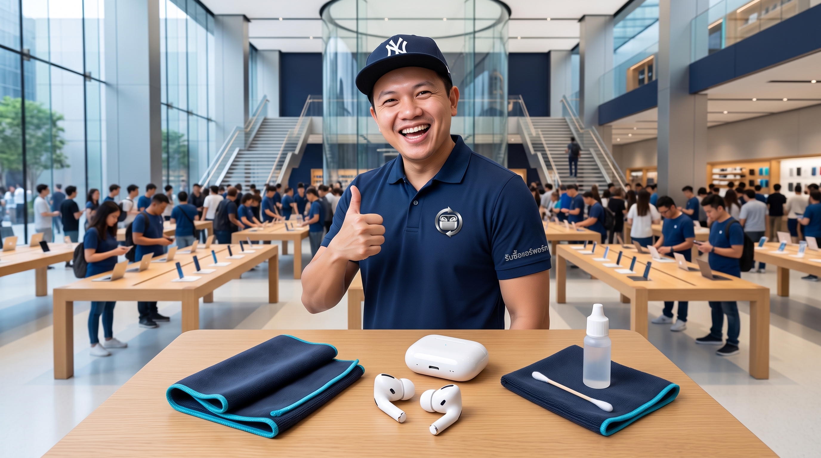 หูฟัง Apple AirPods และเคสชาร์จสีขาว วางพร้อมอุปกรณ์ทำความสะอาดผ้าไมโครไฟเบอร์เพื่อเตรียมตรวจเช็กสภาพก่อนขายมือสอง